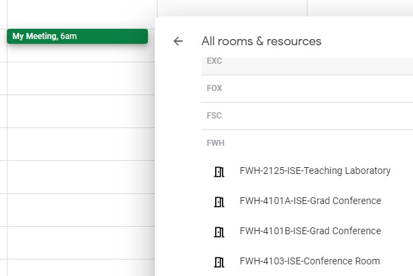 A screenshot of Google Calendar showing how to add a room to your event