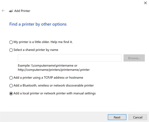 Adding a local printer or network printer with manual settings.