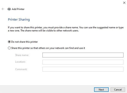 Select the "Do not share" option and click, "Next".