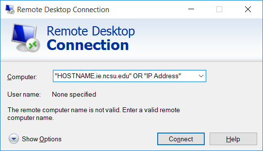 A screenshot of the Remote Desktop Connection window