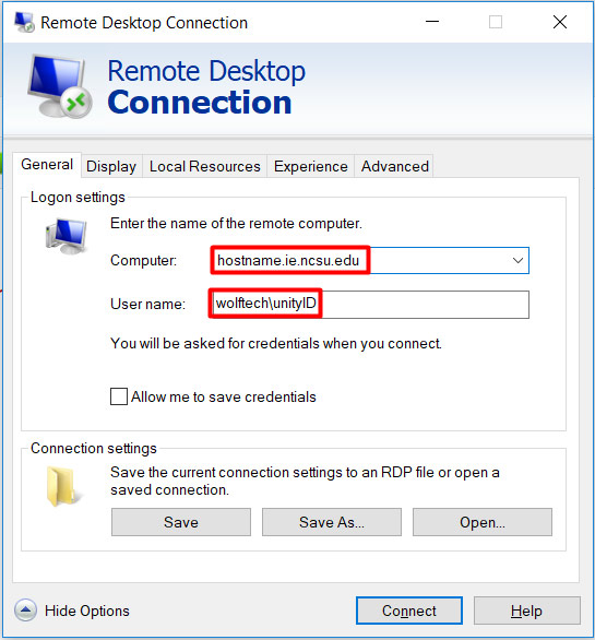 A screenshot of the Remote Desktop Connection login window