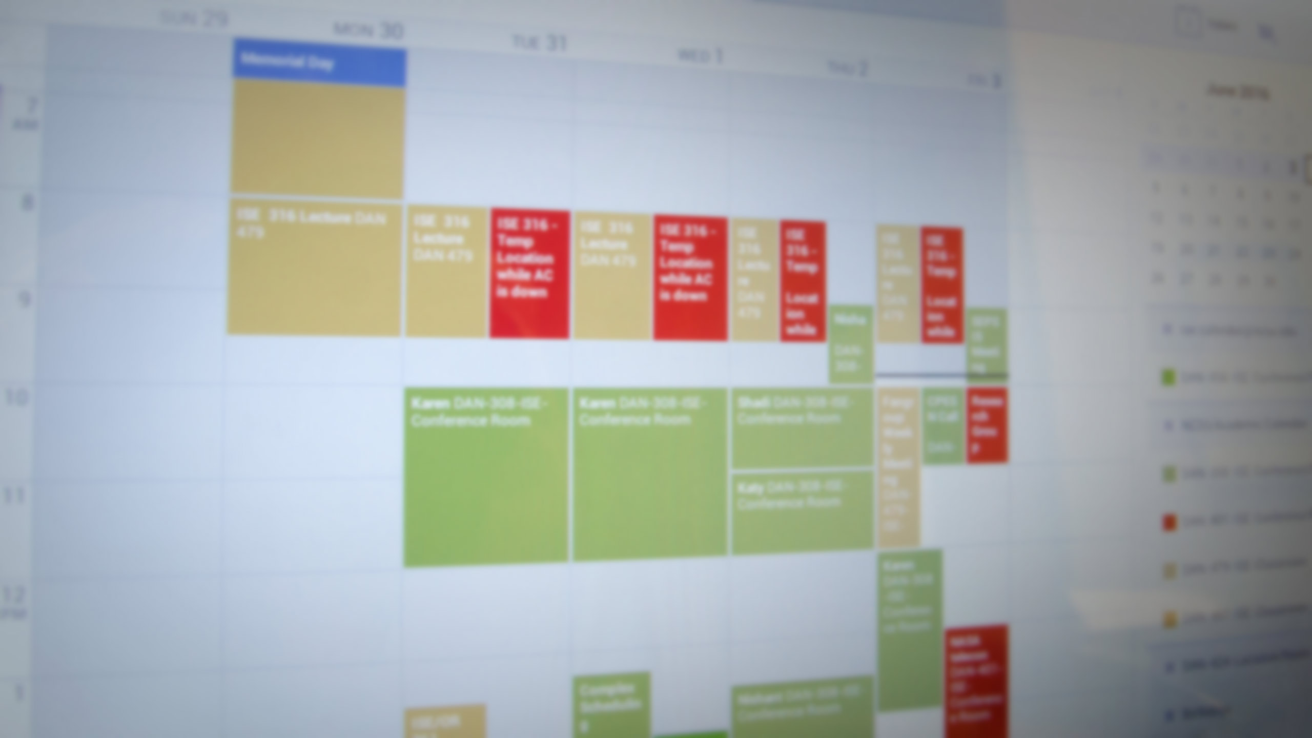 A screenshot of a Google Calendar full of room reservations