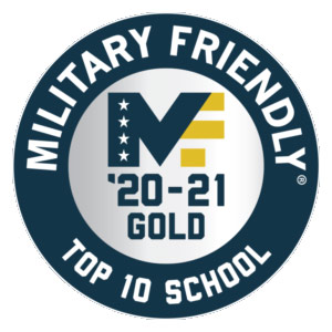 A badge that says Military Friendly Top 10 School 20 - 21