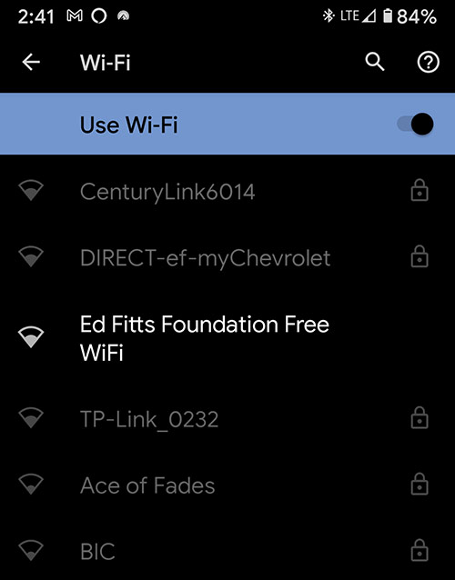 A cellphone screen showing the Ed Fitts Foundation Free WiFi network