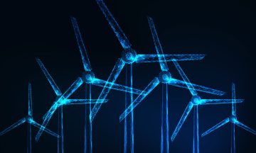 A row of blue digital wind turbines drawn with lines on a black background