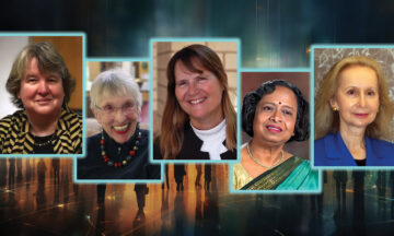 From left to right, the headshots of Susan Sanchez, Judith Liebman, Robin Keller, Radhika Kulkarni and Anna Nagurney on an abstract background.